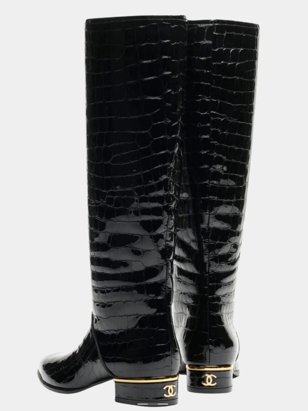 Chanel Black Croc-Embossed Patent Leather Knee Boots - Picture 1 of 3